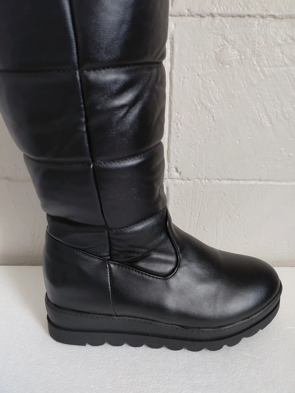 Women's Black Quilted Faux-Leather Tall Winter Boots with Faux-Fur Lining